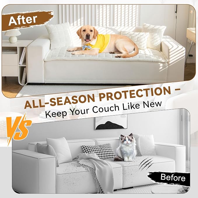 OTOB Couch Covers for Dogs Washable, Non Slip Plush Sofa Cover Kids Pet Friendly Furniture Protector, All Seasons Soft Cozy Fuzzy Sofa Slipcovers Dog Bed Mats (Cream, 31.5" x 63.0'')