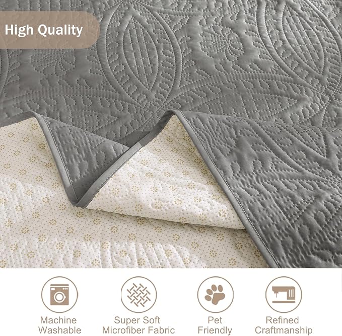 Quilted Cool Gray Sofa Slipcovers with Pockets, Anti-Slip Medallion Couch Covers for 3 Cushion Sofa, Couch Cover for Dogs Cats Water-Repellent Machine Washable (Large Sofa 68", Cool Gray)