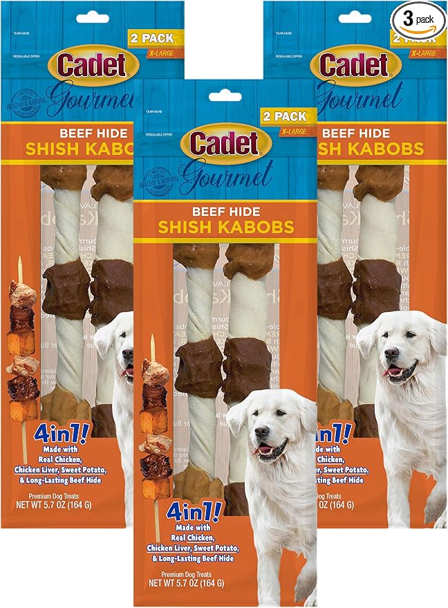 Cadet Gourmet X-Large Triple-Flavored Beef Hide Shish Kabob Dog Treats - Healthy & Natural Chicken, Liver, & Sweet Potato Dog Treats for Dogs Over 30 lbs., 10 in. (2 Count) (Pack of 3)