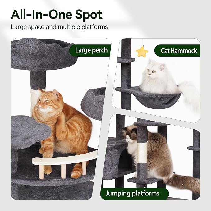 Meecal 79in Giant Cat Tree for Heavy Duty Big Cats, Large Cat Trees with Scratching Post, Cat Tree Tower with Cat Condos, Hammock & Plush Perch for Maine Coon, Smoky Gray
