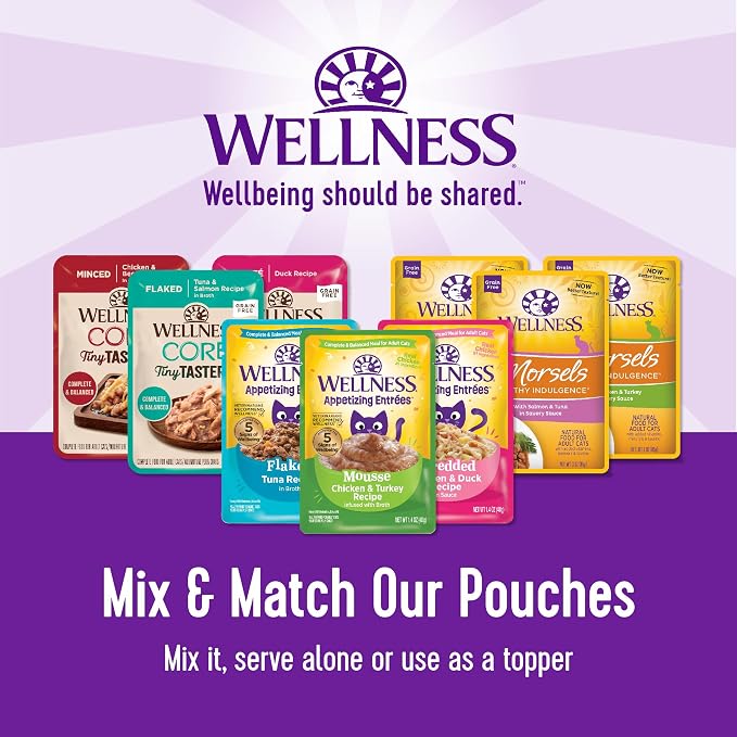 Wellness CORE Tiny Tasters Flaked Adult Wet Cat Food,Natural,Protein-Rich,Grain Free,1.75-Ounce Pouch,(Tuna & Salmon),(Pack of 24)