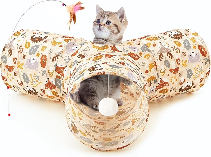 Tempcore Cat Tunnel for Indoor Cats, 3 Way Collapsible Pet Play Tunnel with Teaser Wand, Peek Holes & Hanging Ball, Interactive Tube for Kittens & Rabbits, Beige Deer