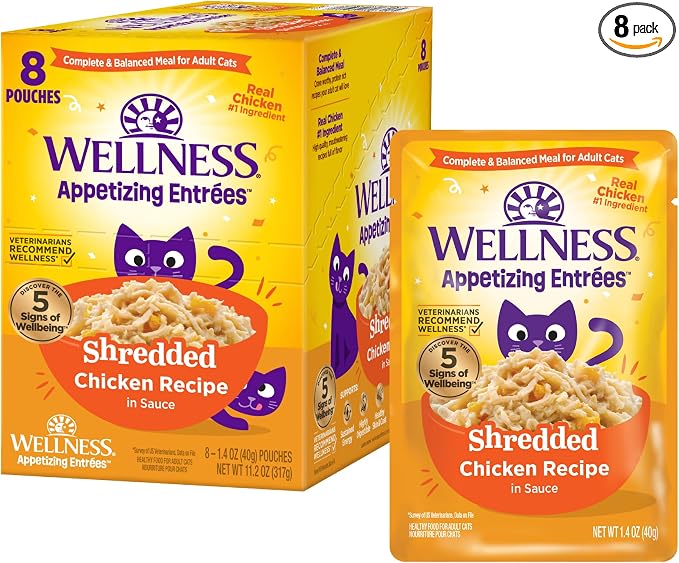 Wellness Appetizing Entrées Shredded Adult Wet Cat Food, Natural, Protein Rich, Grain Free, Chicken Recipe, 1.4 oz, Pack of 8 Pouches