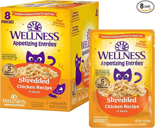 Wellness Appetizing Entrées Shredded Adult Wet Cat Food, Natural, Protein Rich, Grain Free, Chicken Recipe, 1.4 oz, Pack of 8 Pouches
