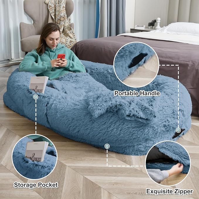 YAEM Human Dog Bed for Adult and Pets - 71"x45"x12" Dogs Beds for Humans with Washable Faux Fur Cover, Plump Pillow, Blanket, Orthopedic Design, Strap-Navy