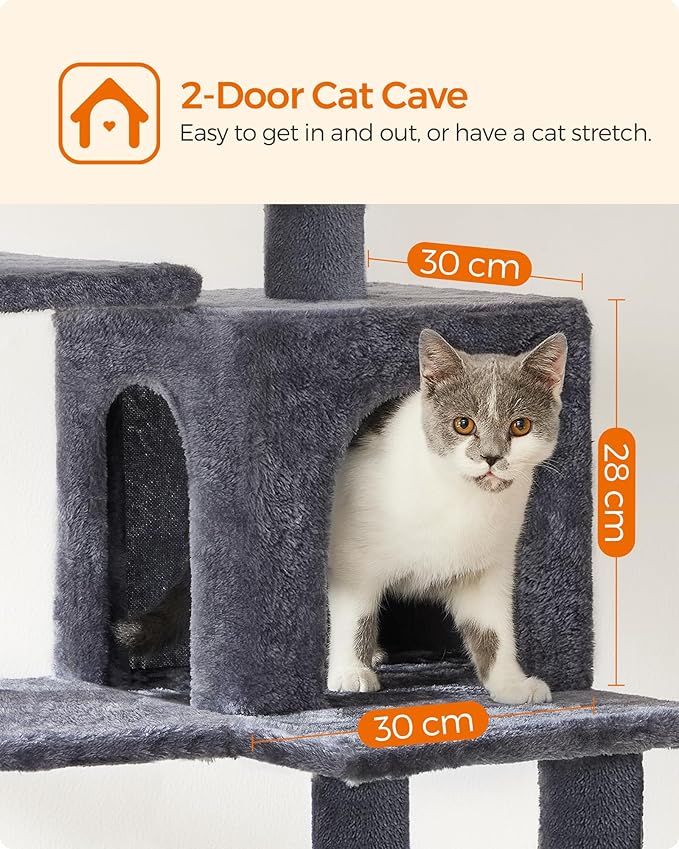 Feandrea Cat Tree, 54.2-Inch Cat Tower, Plush Multi-Level Condo with 4 Scratching Posts, 2 Perches, Hammock, Cave, Smoky Gray UPCT161G01