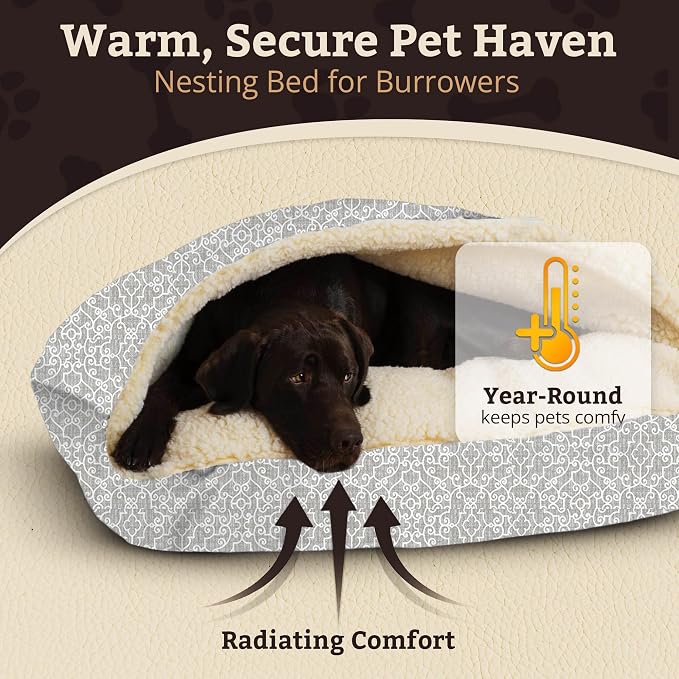 Snoozer Rectangle Cozy Cave Dog Bed - Indoor Dog Bed with Cover Cave, Covered Calming Burrow for Small & Medium Sized Pets with Blanket Attached, Enclosed, Washable Cover - Medium, Ramey Gray