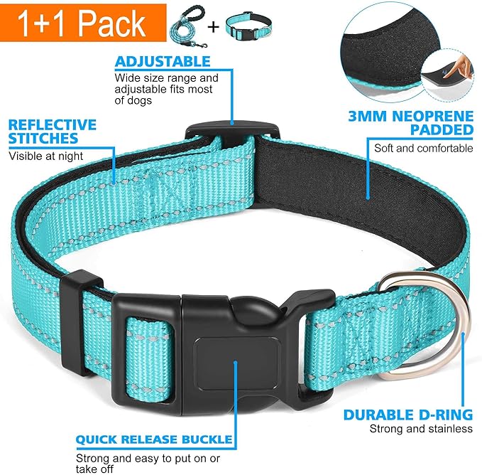 Ladoogo Reflective Dog Collar Padded with Soft Neoprene Breathable Adjustable Nylon Dog Collars for Small Medium Large Dogs (Medium (Pack of 1), Blue Collar+Leash)