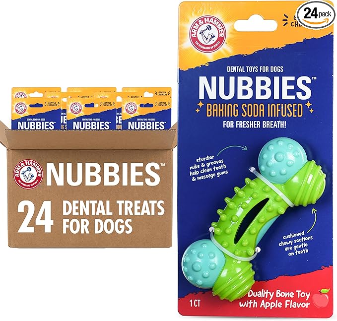 Arm & Hammer for Pets Nubbies Duality Bone Dog Dental Chew Toy Green Apple Flavor Baking Soda Infused Nubby Grooves Plaque Tartar Reduction No Stuffing 24 Pack