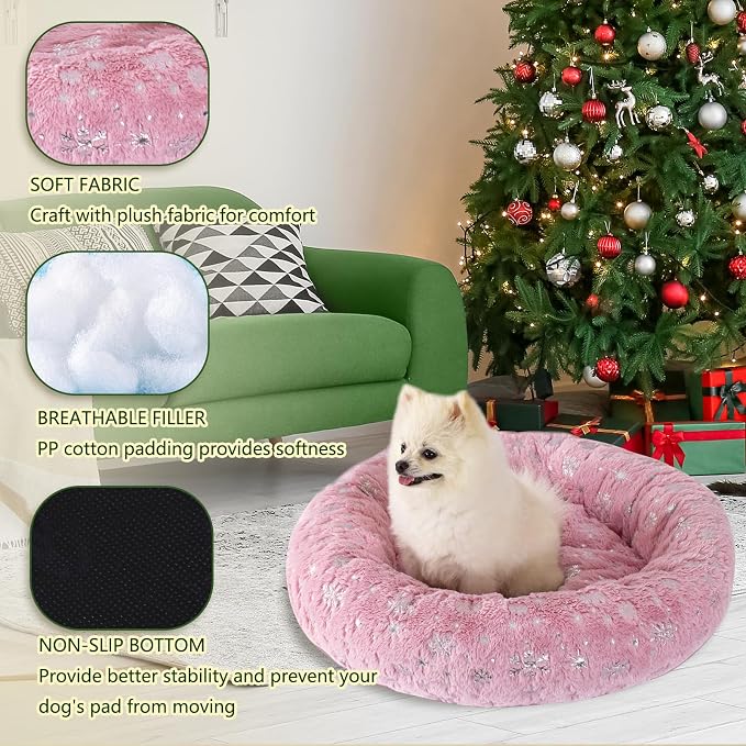 23 Inch Christmas Snowflakes Calming Dog Bed for Small Dogs Cats, Kitty Puppy Round Anti-Anxiety Warm Bed, Soft Cozy Anti-Slip Donut Washable Pet Bed, Fits up to 30 lbs Pets