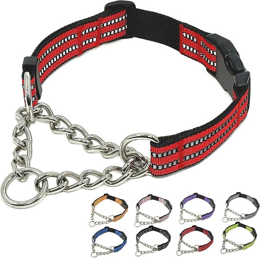 Martingale Dog Collars, Reflective Nylon Collar with Stainless Steel Chain, Adjustable Walking Training Dog Collars with Quick Release Buckle, Suitable for Small Medium Large Dogs(Red,L)