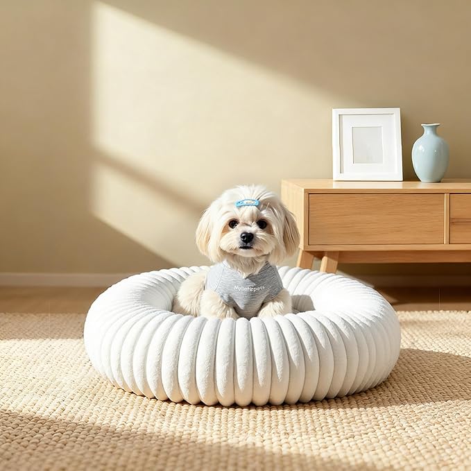 Calming Dog Bed Anti-Anxiety Donut Dog Beds for Small Medium Large Dogs,Washable Plush Fluffy Indoor Cat Kitten Round Cuddler Cushion (Cream)
