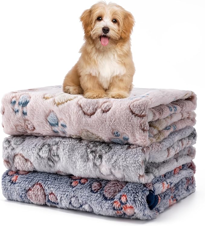 1 Pack 3 Blankets Fluffy Premium Fleece Soft Pet Blanket Flannel Throw for Cat Dog Puppy (Small 23x16'', Paw-Beige/Grey/Navy)