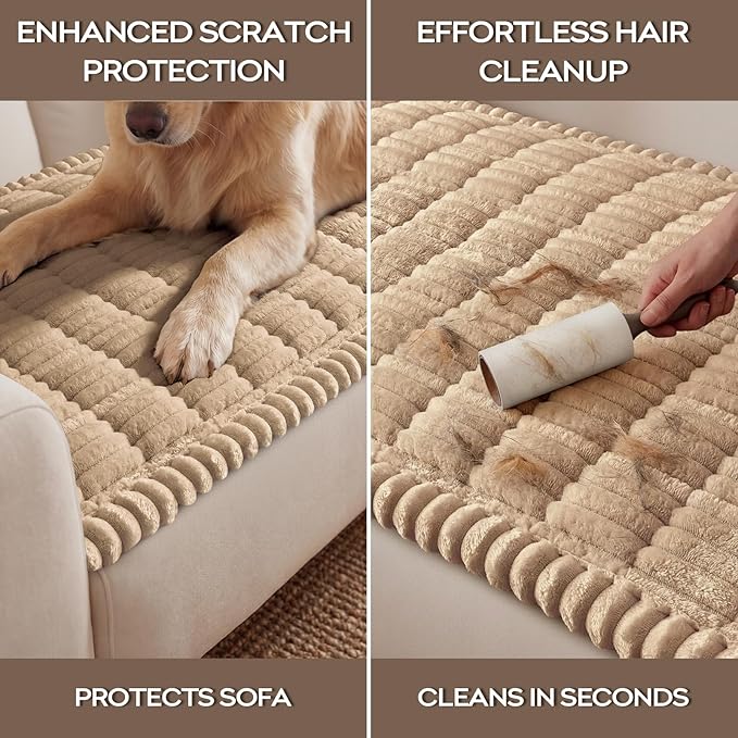 decorUhome Non-Slip Fuzzy Couch Cover for Dogs, Soft Thick Washable Pet-Friendly Protector, Sofa Slipcover for 3 Cushion Couch Sofa, Khaki, 27.6" x 88"