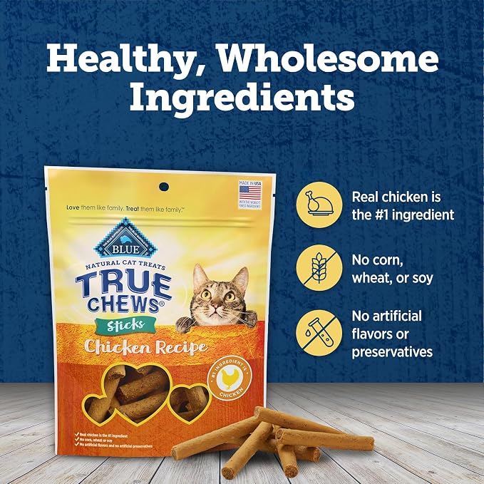 Blue Buffalo True Chews Sticks Natural Cat Treats, Chicken Recipe, Meaty & Savory Treats Made in The USA, 3-oz Bag