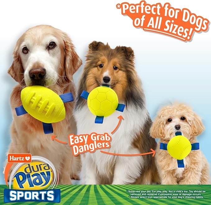 Hartz Dura Play Sports Ball Variety Dog Toy, Bacon Scented Squeaky Latex Yellow & Blue Toy, 3 Count