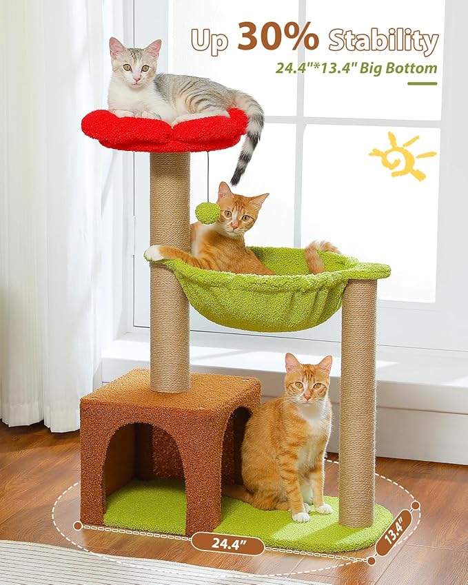 MUTTROS Flower Cat Tree with Sisal Scratching Posts, 35" Cute Cat Tower with Large Green Hammock for Small Indoor Cats, Cat Condo with Removable Flower Bed for Kittens, Brown