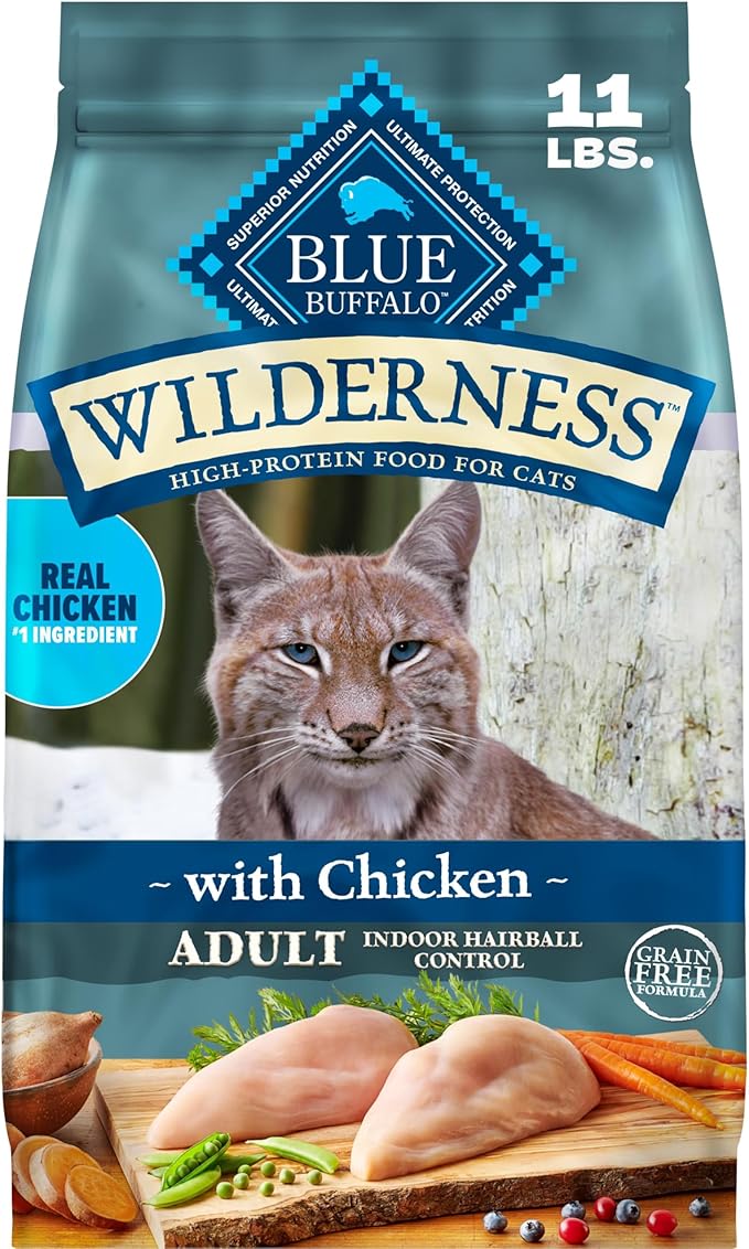 Blue Buffalo Wilderness Chicken Natural High-Protein Grain-Free Dry Food Hairball Control for Adult Indoor Cats, Real Chicken First, LifeSource Bits Support Immunity, Promotes Strong Muscles, 11 lbs.