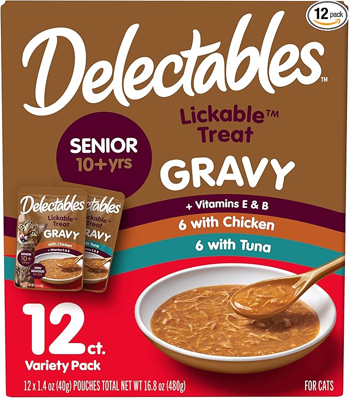 Delectables Lickable Treat Gravy Senior 10+ Variety Wet Cat Treat & Food Topper, Food Topper, Hydrating, Grain-Free, No Fillers, No by-Products, No Added Preservatives, 1.4-oz Pouch, 12 Count