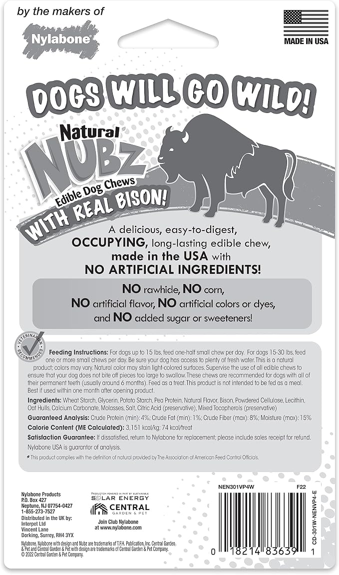 Nylabone Nubz Wild Natural Edible Chew Treats for Dogs, Made in USA, Bison Flavor, Small - Up to 25 lbs. (4 Count) (Pack of 2)
