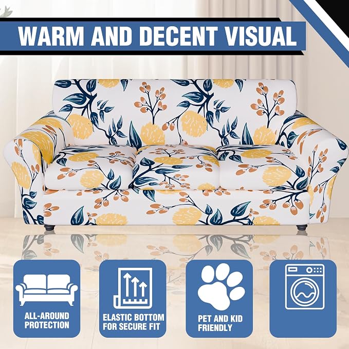 Stretch Couch Covers for 3 Separate Cushion Couch Sofa,Floral Printed Couch Sofa Cover,Washable Sofa Slipcover,Pet Friendly Furniture Protector with Elastic Bottom,Universal Fit for Home(Sofa,Cover)