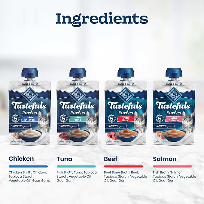 Blue Buffalo Tastefuls Purées Variety Pack Wet Cat Food Complement (Salmon, Chicken, Tuna, Beef) Made with Natural Ingredients, for All Life Stages, 3-oz. Resealable Pouches (12 Count)