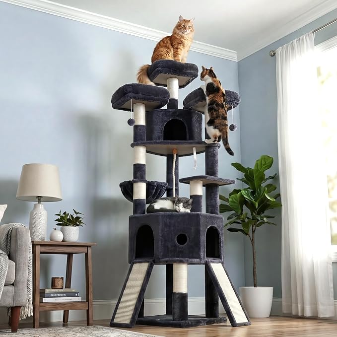 Cat Tree, 81.1-Inch Tall Heavy Duty Cat Tower with Diamond-Shaped Condo for Large Cats, Cat Furniture with 3 Wide Platforms, 2 Sisal Scratchers, Hammock & Stable Base, Smoky Gray VCT032G
