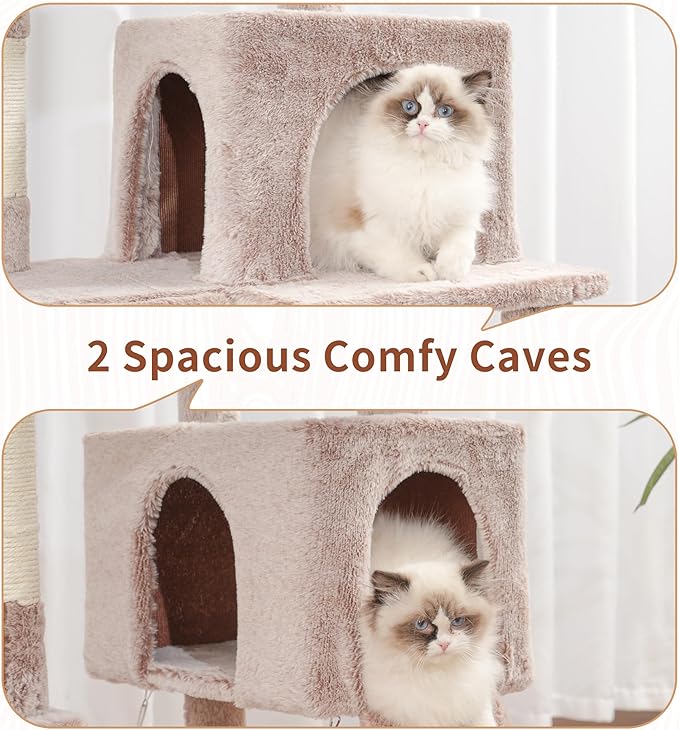 Gitelsnour Cat Tree for Indoor Cats, 71'' (180cm) Multi-Level Cat Tower for Large Adult, Sturdy Cat Tree House with 2 Scratching Boards 7 Posts, 2 Plush Perches/Condos, Hammock, Muchroom GCT032MU