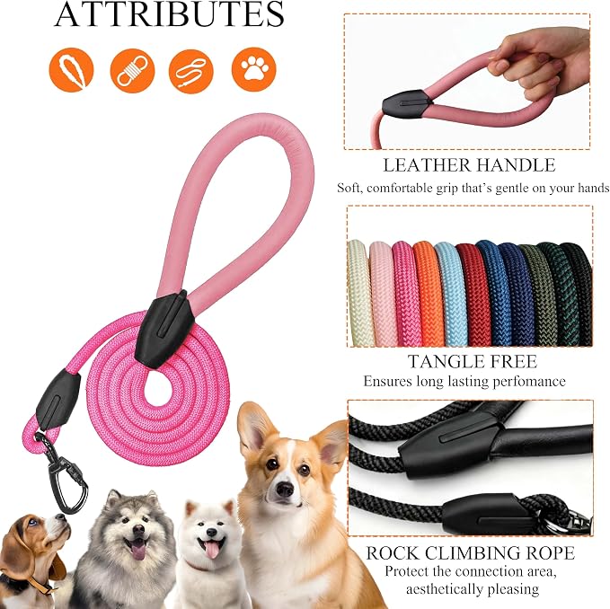 Rope Dog Leash, |Comfortable Leather Handle, Resistant to Dirt and bite | Strong Nylon Pet Lead for Small, Medium, Large Dogs (Pink Red, 5 FEET)