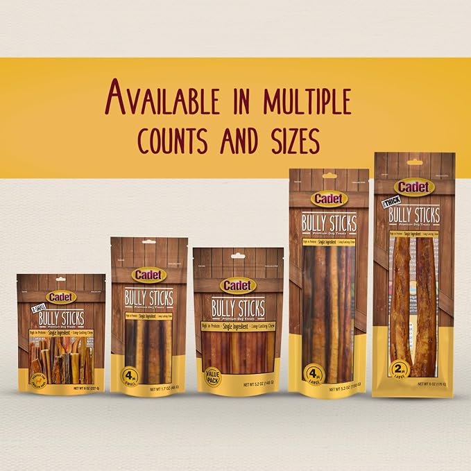 Cadet Bully Sticks for Extra-Small Dogs, All-Natural Beef Pizzle, Rawhide-Free Long-Lasting Dog Chews for Aggressive Chewers, 8 oz