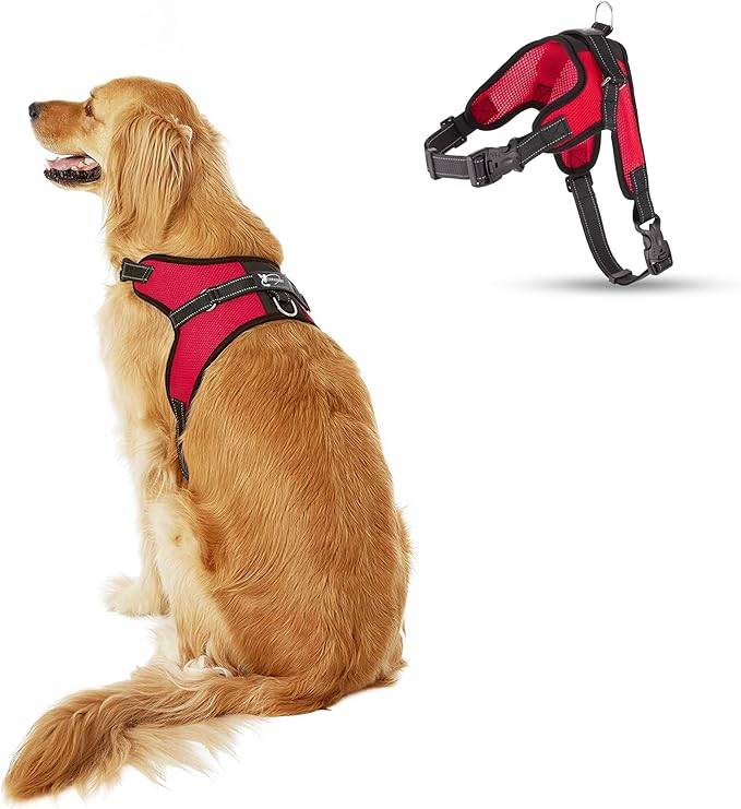 No Pull Reflective Adjustable Dog Harness with Handle- Comfortable Soft All Weather Mesh, Easy On Puppy Harness for Small Medium and Large Dogs (Red) Large