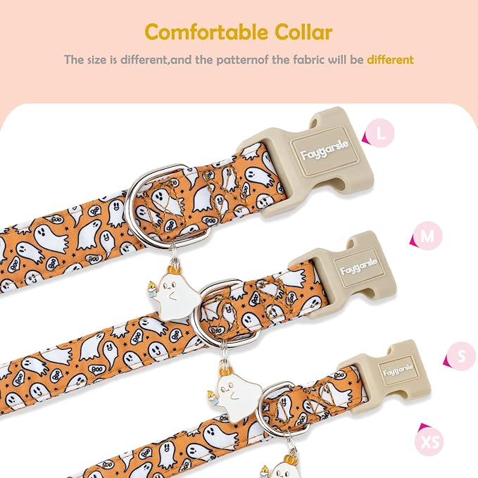 Faygarsle Halloween Ghost Pattern Dog Collar with Charm, Orange and White,for Small Medium Large Dogs M
