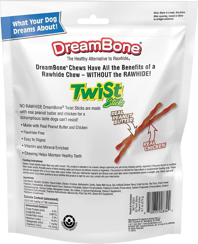 DreamBone Peanut Butter Twist Stick Dog Treats, Daily Rawhide-Free Chew, Digests Safely and Completely, with Real Protein, Peanut Butter and Veggies, 50 Count