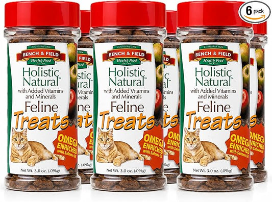 Bench & Field Holistic Natural Healthy Kitty Cat Treats | Crunchy Fish-Shaped Bites | Delicious Seafood Flavored Snack, 3-Ounce (Pack of 6 Bottles)