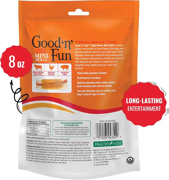 GOOD 'N' FUN Mini Rolls Long-Lasting Treat for Small Dogs, with Real Proteins, Beef Hide and Premium Chicken, Supports Dental Health, Mental Stimulation, 8 oz