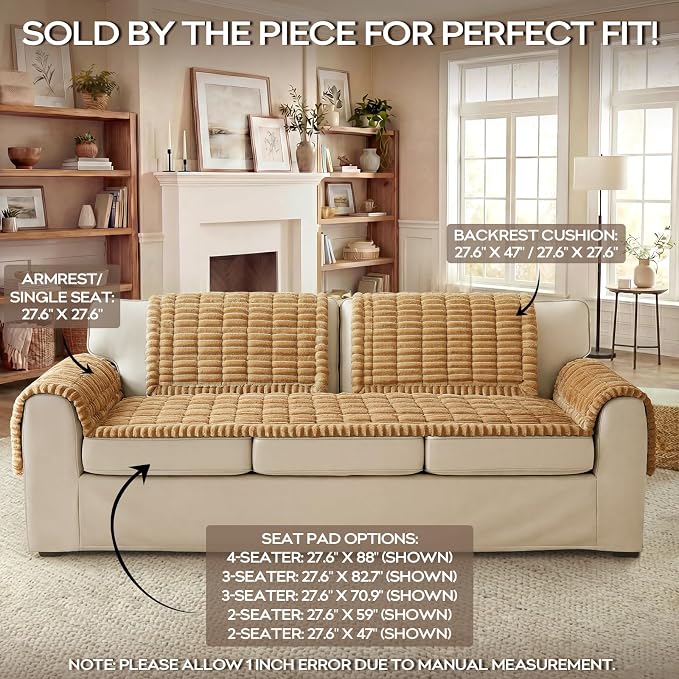 decorUhome Non-Slip Fuzzy Couch Cover for Dogs, Soft Thick Washable Pet-Friendly Protector, Sofa Slipcover for 2 Cushion Sofa/Loveseat, Camel, 27.6" x 59"