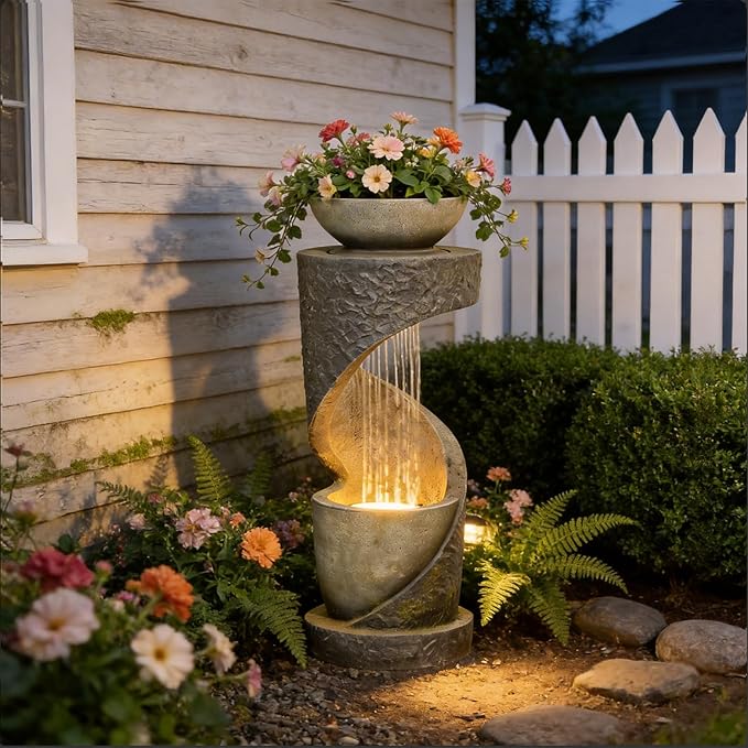 Tiered Outdoor Water Fountain, Modern Spiral Cascading Waterfall Fountain with Planter, Freestanding Resin Indoor Water Feature for Room, Garden, Patio, Deck, 31.5"H with Light Stone-Texture