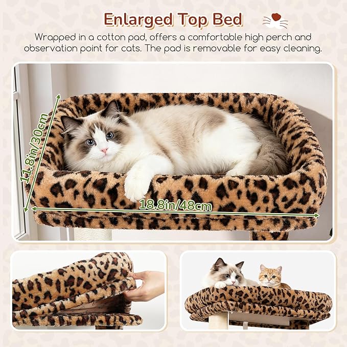 Globlazer Leopard Cat Tree Tower with Scratching Post for Indoor Cats, 53in Plush Multi-Level Cat Climbing Tower Condo House with Large Hammock, Spacious Cat Cave, Padded Top Perch, F53, Leopard Print