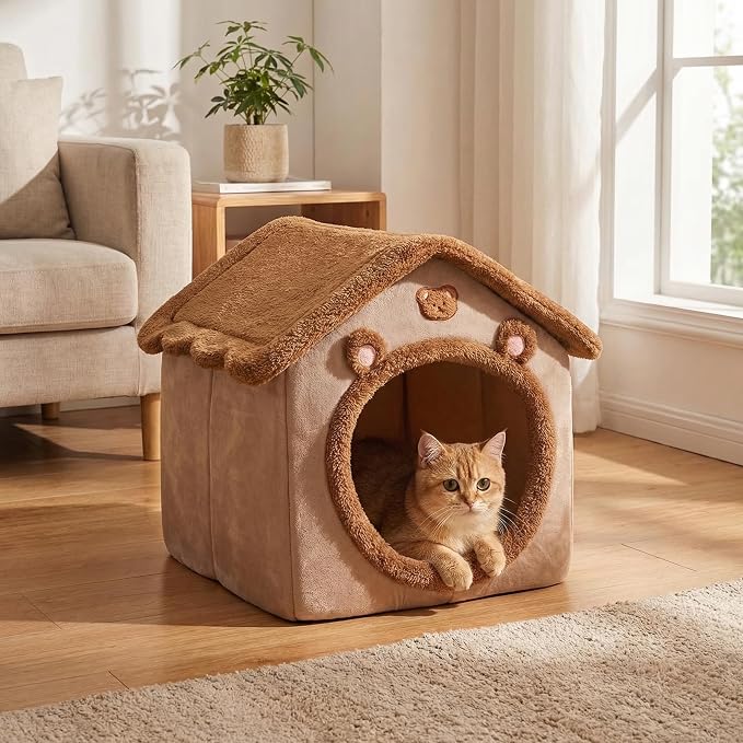AED Cave-Style Dog Bed with Non-Slip Bottom, Enclosed Pet Bed for Small Dogs & Cats, M Size Cozy Tent House for 6-11 Lb Puppies and 9-17 Lb Kittens, Brown