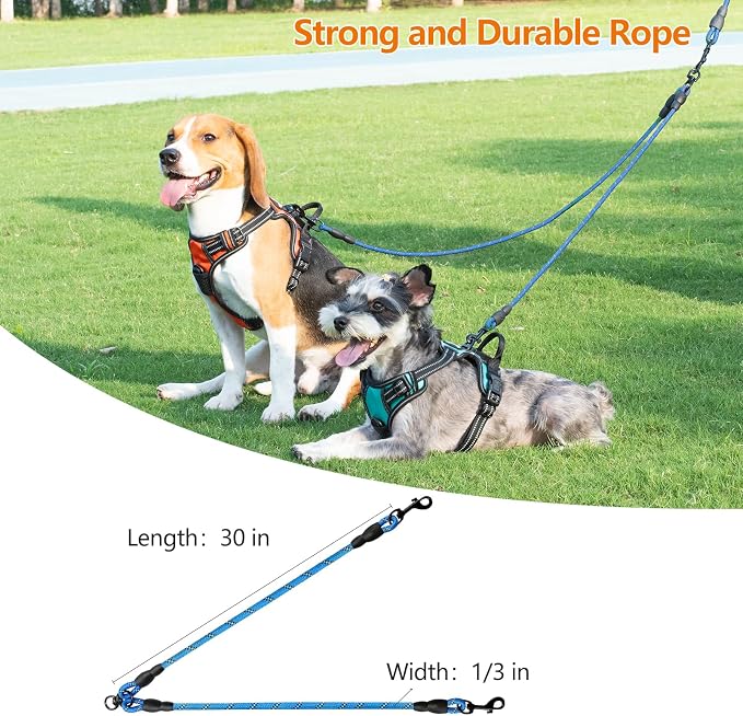 Taglory Double Dog Leash Coupler for Two Dogs, 1/3" Lightweight Dual Leash Extension for Small and Medium Dogs, No Tangle 360° Swivel, Reflective Rope, 30 Inch, Blue