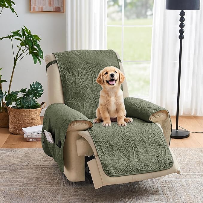 Green Recliner TV Chair Covers, Quilted Décor Water-Repellent Medium Lazy Boy Chair Covers, Pet Friendly Recliner Slipovers for Dogs Cats, Washable Recliner Cover (Recliner 26", Olive Green)