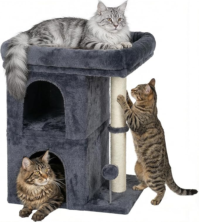 Aechonow Cat Tree for Large Cat, 19x16.5In Large Cat Perch, Adult Cat Tower for Indoor Cats with 24In Long Scratching Post, 2 Cozy Cat Condo House for Adult & Fat Cats, Dark Gray