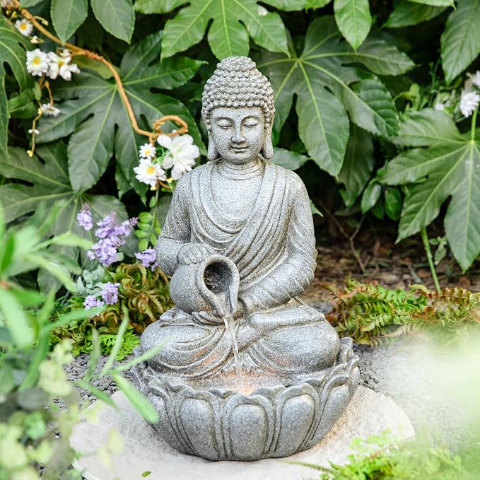 Glitzhome Buddha Fountain Outdoor 20.5" H, 2-Tier Zen Style Concrete Meditating Buddha Statues Water Fountains with Pump & LED Light, Buddhas Floor Fountains Sculpture for Garden Patio Backyard