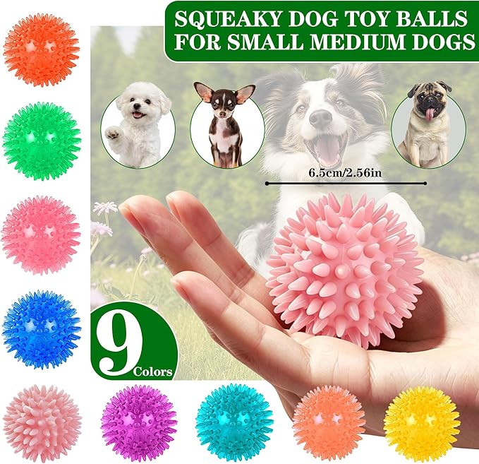 9 Pack Squeaky Dog Balls 2.5″ Dog Toys Balls for Small Medium Dogs Pet Puppy Chew Toys for Teething No Odor Durable Spiky Balls for Teeth Cleaning and Training for Small Dogs（Small）