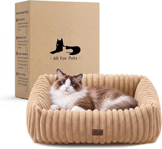 Cute Dog Bed for Small Dogs & Cats,Washable Fluffy Cat Beds for Indoor Cats, Rectangle Orthopedic Memory Foam Puppy Beds with Anti-Slip Bottom, 20 x19 x 7 Inches, Camel
