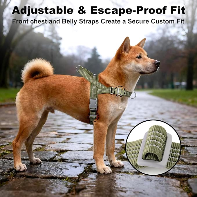 No Pull Dog Harness with Handle, Adjustable Mesh Padded Reflective Walking Harness with Front Clip for Small Medium Large Dogs – Quick Fit No Escape for Training and Hiking (Ranger Green, L)