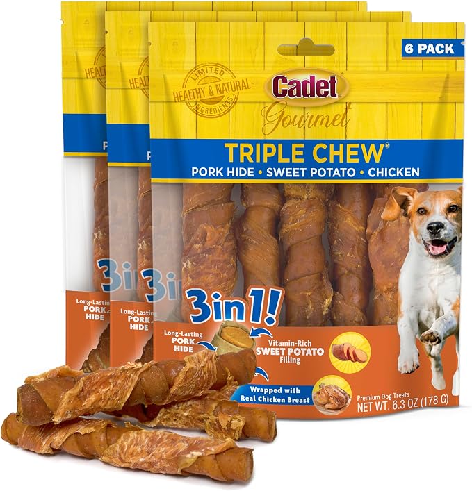 Cadet Gourmet Triple Chews Long-Lasting Pork Hide Sticks with Sweet Potato and Chicken, Healthy Dog Treats for Small & Large Dogs, 18 Count