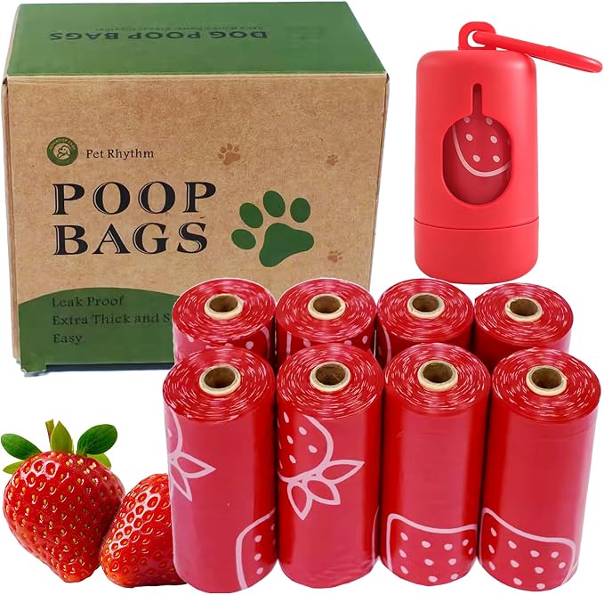 Strawberry Scented Dog Poop Bags - 120 counts red Pet Waste Bags with Dispensers, Extra Large 13x9 Inch Leak-Proof Fragrance Bags for Dogs Walking and Cat Litter