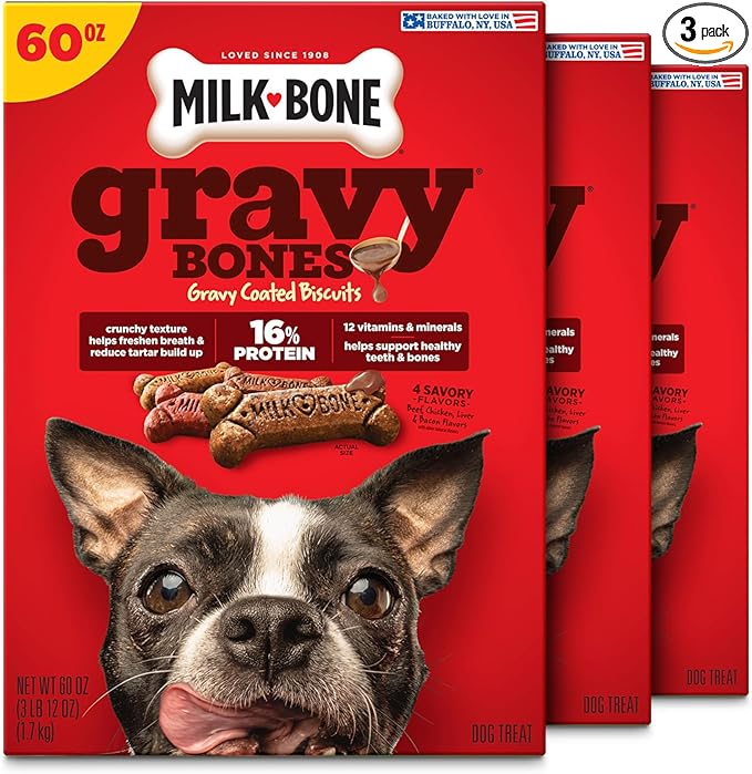 Milk-Bone GravyBones Dog Biscuits, Gravy Coated Small Dog Treats, 60 Oz. Boxes (Pack of 3)