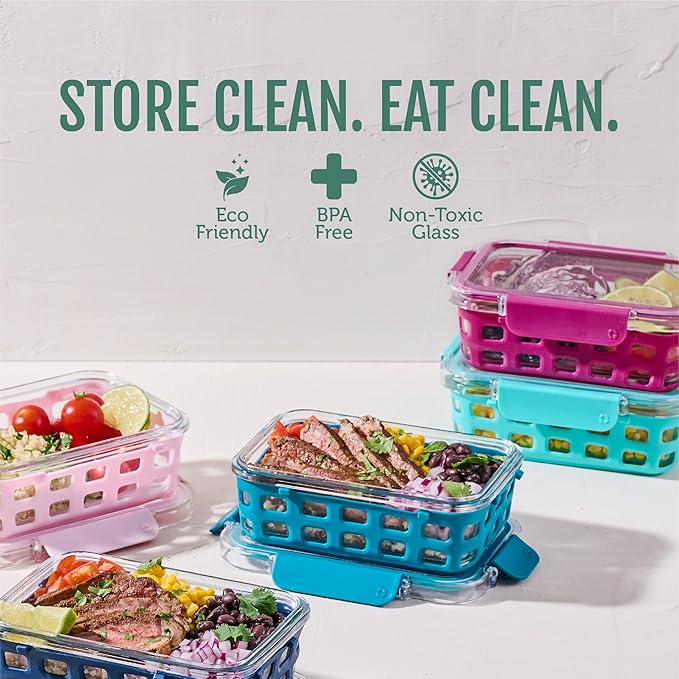 Ello Duraglass 3.4 Cup Meal Prep Sets 10Pc, 10 Pack Set- Glass Food Storage Container with Silicone Sleeve and Airtight BPA-Free Plastic Lids, Dishwasher, Microwave, and Freezer Safe, Evening Orchard
